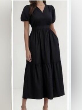 French Connection Dress black cotton poplin midi maxi XL puffed sleeves